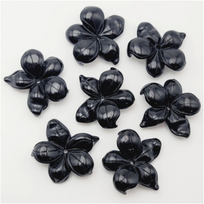 1 Black Agate 25mm Carved Flower Gemstone Center Hole (DH)